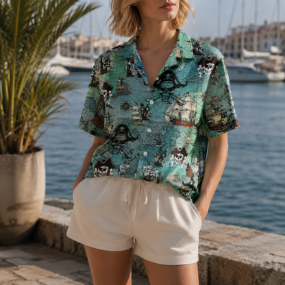 HW-M093-Retro Ocean Treasure Map Galleon Ship Pirate Skull Print Vacation Summer Hawaiian Camp Shirt