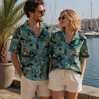 HW-M093-Retro Ocean Treasure Map Galleon Ship Pirate Skull Print Vacation Summer Hawaiian Camp Shirt
