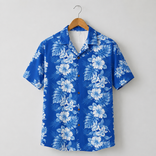 HW-M094-Royal Blue White Hibiscus Floral Print Minimalist Button Down Summer Hawaiian Unisex Camp Shirt