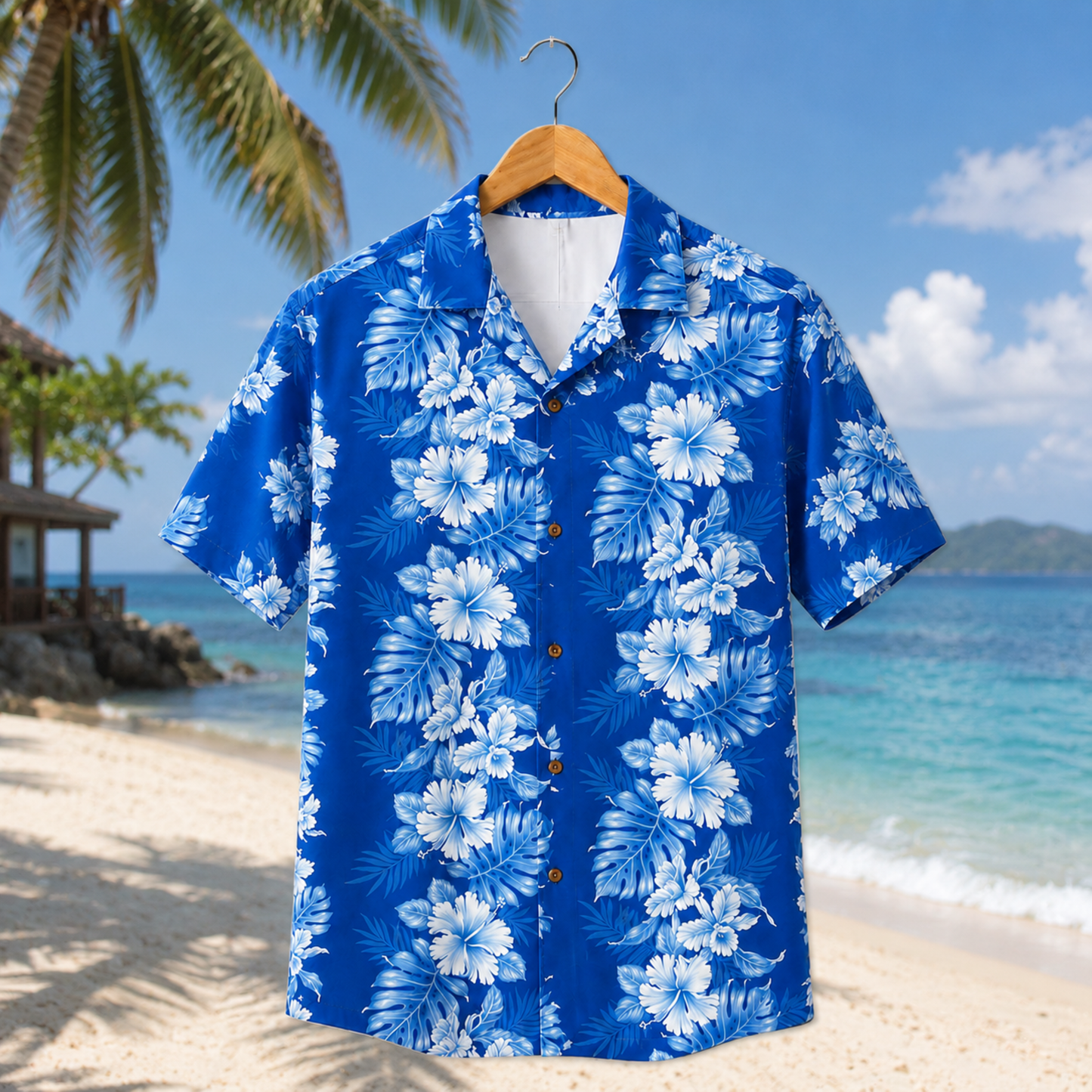 HW-M094-Royal Blue White Hibiscus Floral Print Minimalist Button Down Summer Hawaiian Unisex Camp Shirt