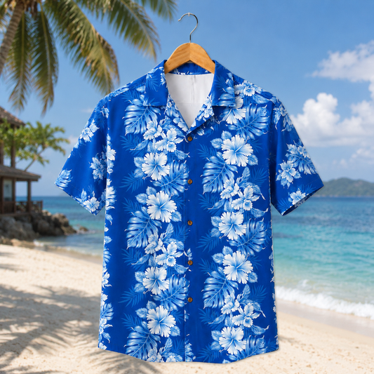 HW-M094-Royal Blue White Hibiscus Floral Print Minimalist Button Down Summer Hawaiian Unisex Camp Shirt