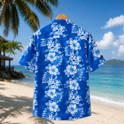 HW-M094-Royal Blue White Hibiscus Floral Print Minimalist Button Down Summer Hawaiian Unisex Camp Shirt