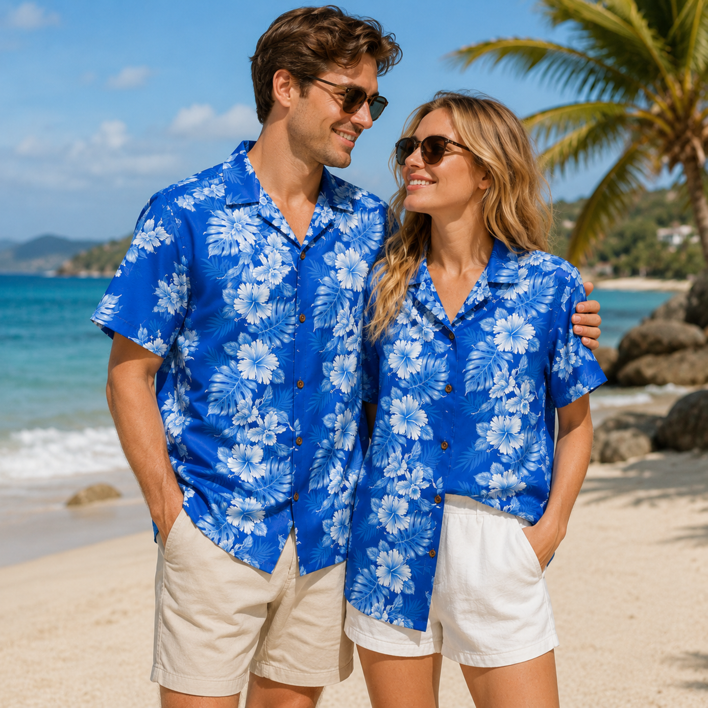HW-M094-Royal Blue White Hibiscus Floral Print Minimalist Button Down Summer Hawaiian Unisex Camp Shirt