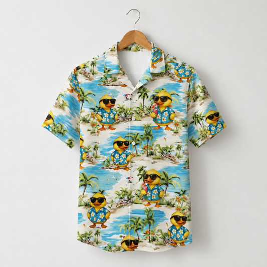 HW-M095-Cool Yellow Duck Sunglasses Beach Palm Tree Print Summer Vacation Hawaiian Camp Shirt