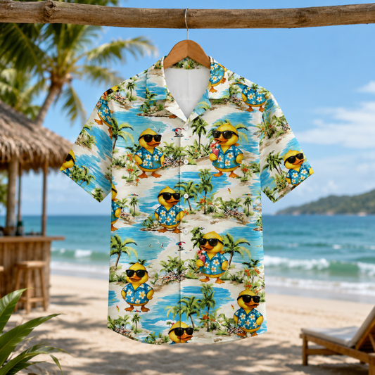 HW-M095-Cool Yellow Duck Sunglasses Beach Palm Tree Print Summer Vacation Hawaiian Camp Shirt