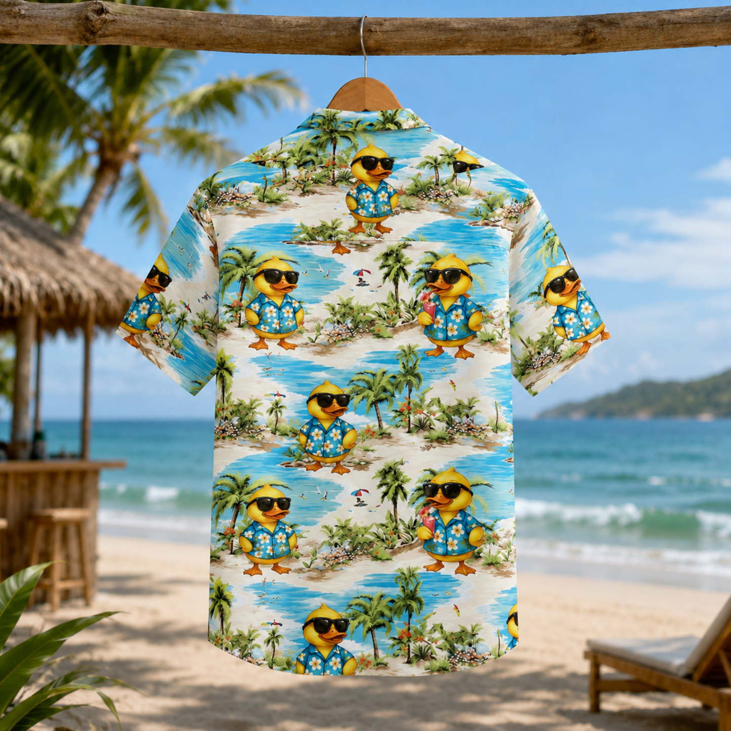 HW-M095-Cool Yellow Duck Sunglasses Beach Palm Tree Print Summer Vacation Hawaiian Camp Shirt