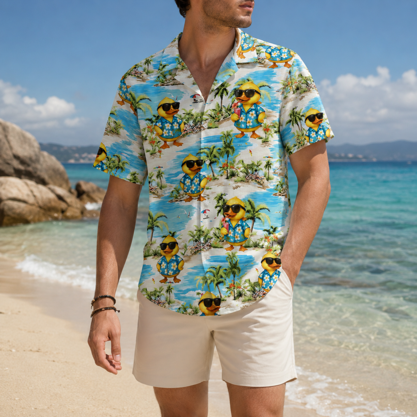 HW-M095-Cool Yellow Duck Sunglasses Beach Palm Tree Print Summer Vacation Hawaiian Camp Shirt