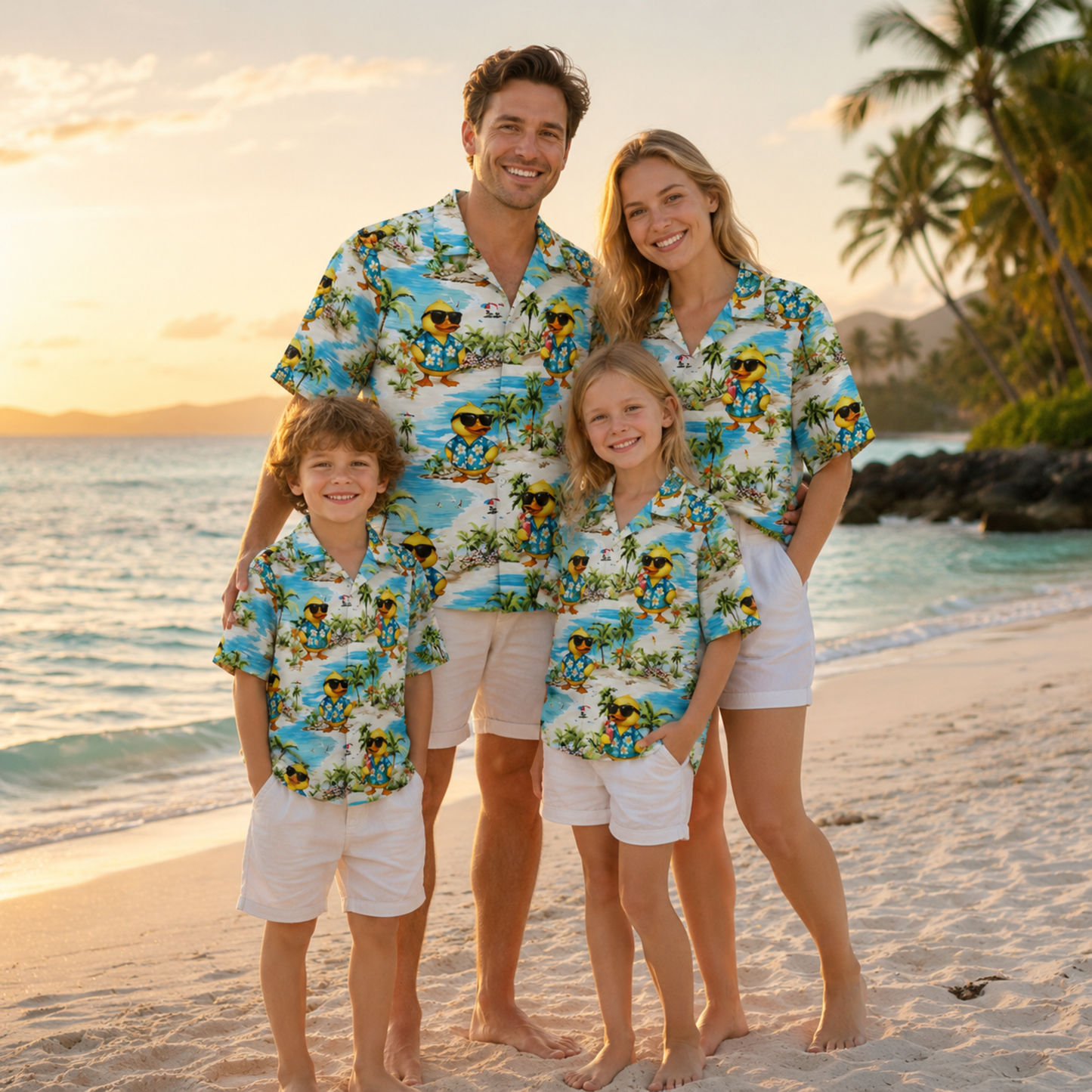 HW-M095-Cool Yellow Duck Sunglasses Beach Palm Tree Print Summer Vacation Hawaiian Camp Shirt