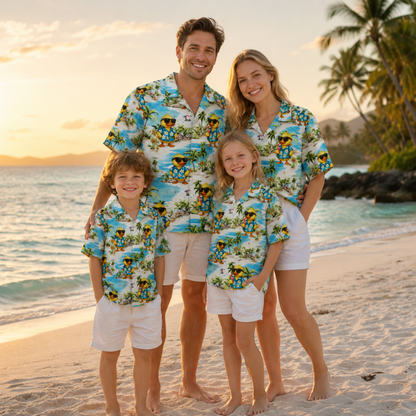 HW-M095-Cool Yellow Duck Sunglasses Beach Palm Tree Print Summer Vacation Hawaiian Camp Shirt