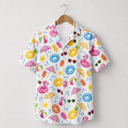 HW-M096-Colorful Summer Beach Ball Pool Float Popsicle Graphic Vacation Button Down Hawaiian Camp Shirt