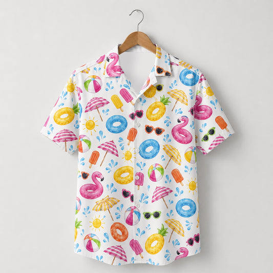 HW-M096-Colorful Summer Beach Ball Pool Float Popsicle Graphic Vacation Button Down Hawaiian Camp Shirt