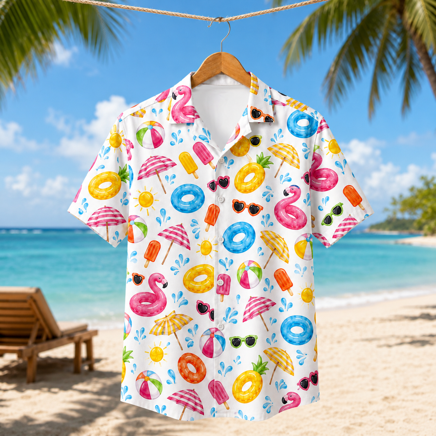 HW-M096-Colorful Summer Beach Ball Pool Float Popsicle Graphic Vacation Button Down Hawaiian Camp Shirt