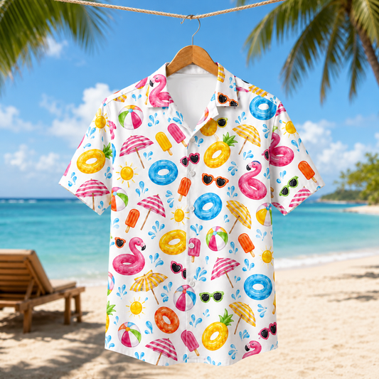 HW-M096-Colorful Summer Beach Ball Pool Float Popsicle Graphic Vacation Button Down Hawaiian Camp Shirt