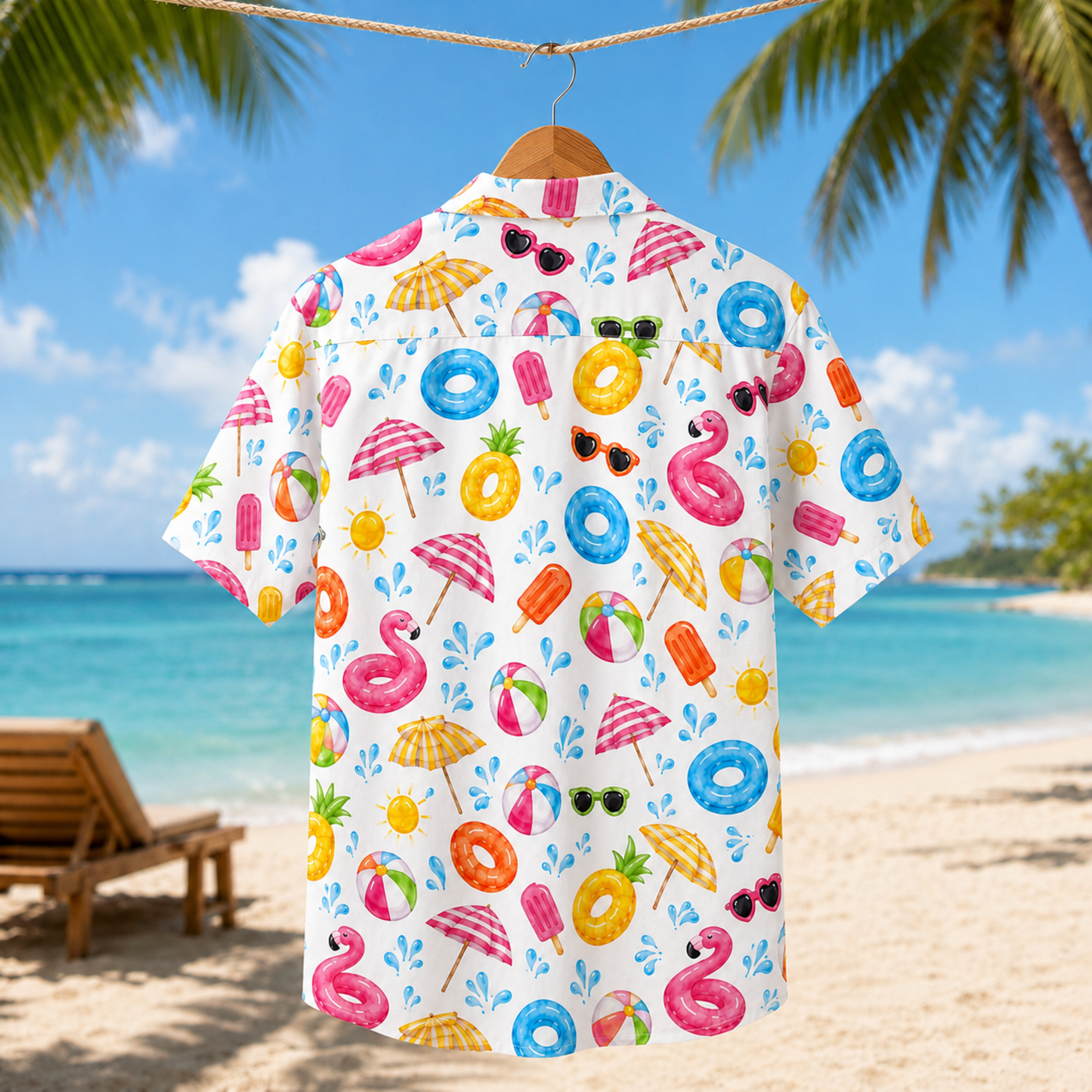 HW-M096-Colorful Summer Beach Ball Pool Float Popsicle Graphic Vacation Button Down Hawaiian Camp Shirt