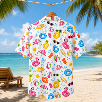 HW-M096-Colorful Summer Beach Ball Pool Float Popsicle Graphic Vacation Button Down Hawaiian Camp Shirt