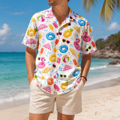 HW-M096-Colorful Summer Beach Ball Pool Float Popsicle Graphic Vacation Button Down Hawaiian Camp Shirt