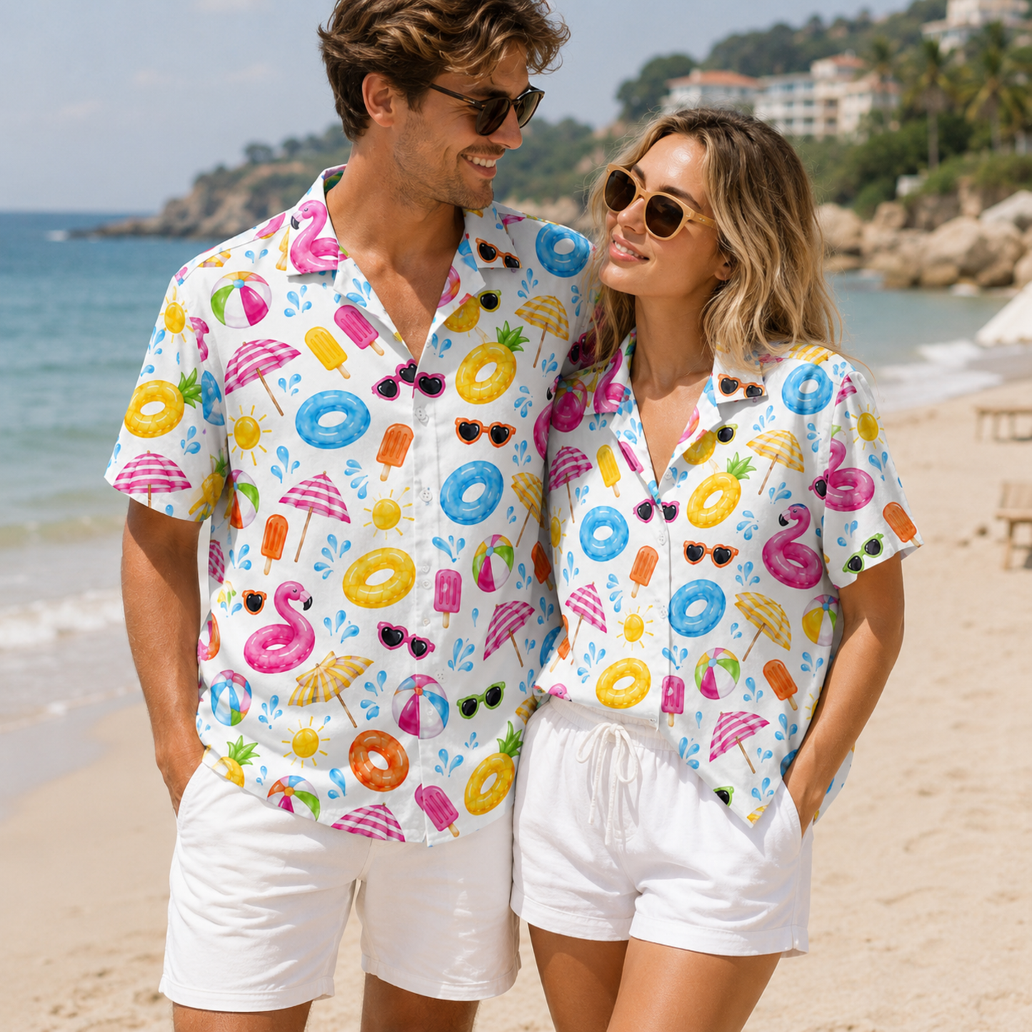 HW-M096-Colorful Summer Beach Ball Pool Float Popsicle Graphic Vacation Button Down Hawaiian Camp Shirt