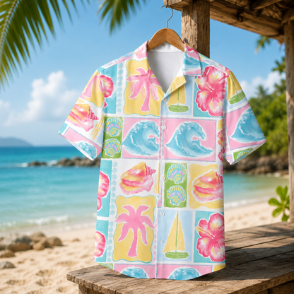 HW-M097-Vintage Pink Palm Tree Blue Wave Sailboat Patchwork Graphic Vacation Button Down Hawaiian Shirt