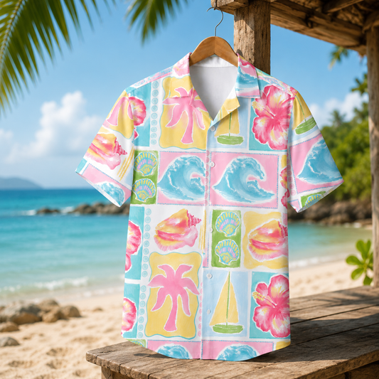 HW-M097-Vintage Pink Palm Tree Blue Wave Sailboat Patchwork Graphic Vacation Button Down Hawaiian Shirt