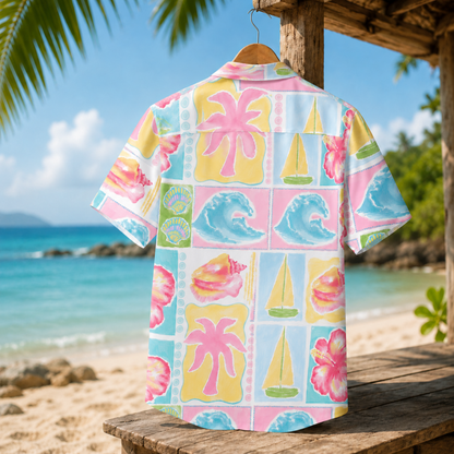 HW-M097-Vintage Pink Palm Tree Blue Wave Sailboat Patchwork Graphic Vacation Button Down Hawaiian Shirt