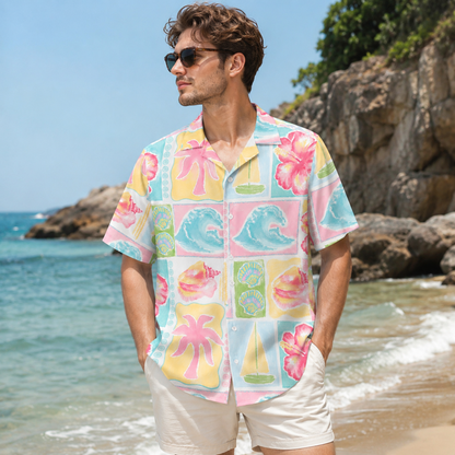 HW-M097-Vintage Pink Palm Tree Blue Wave Sailboat Patchwork Graphic Vacation Button Down Hawaiian Shirt
