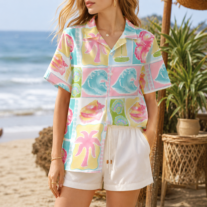 HW-M097-Vintage Pink Palm Tree Blue Wave Sailboat Patchwork Graphic Vacation Button Down Hawaiian Shirt