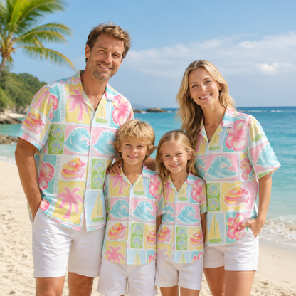 HW-M097-Vintage Pink Palm Tree Blue Wave Sailboat Patchwork Graphic Vacation Button Down Hawaiian Shirt