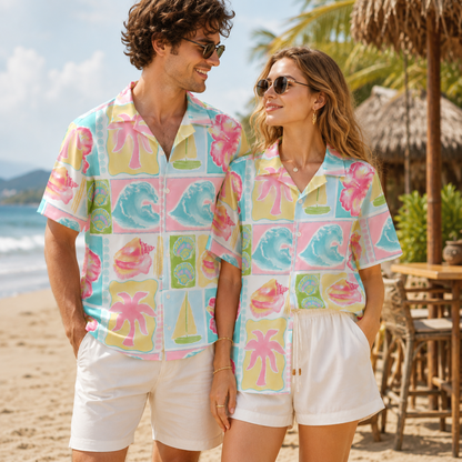 HW-M097-Vintage Pink Palm Tree Blue Wave Sailboat Patchwork Graphic Vacation Button Down Hawaiian Shirt