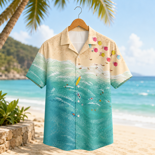 HW-M098-Scenic Aerial Ocean Beach Landscape Sand Surfboard Wave Graphic Summer Vacation Hawaiian Shirt