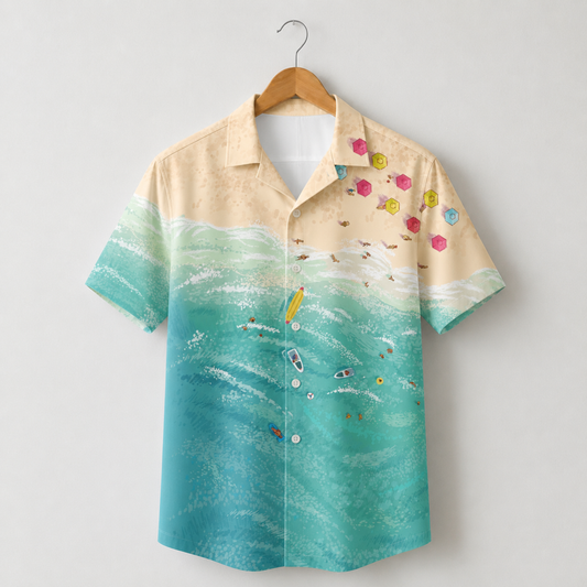 HW-M098-Scenic Aerial Ocean Beach Landscape Sand Surfboard Wave Graphic Summer Vacation Hawaiian Shirt