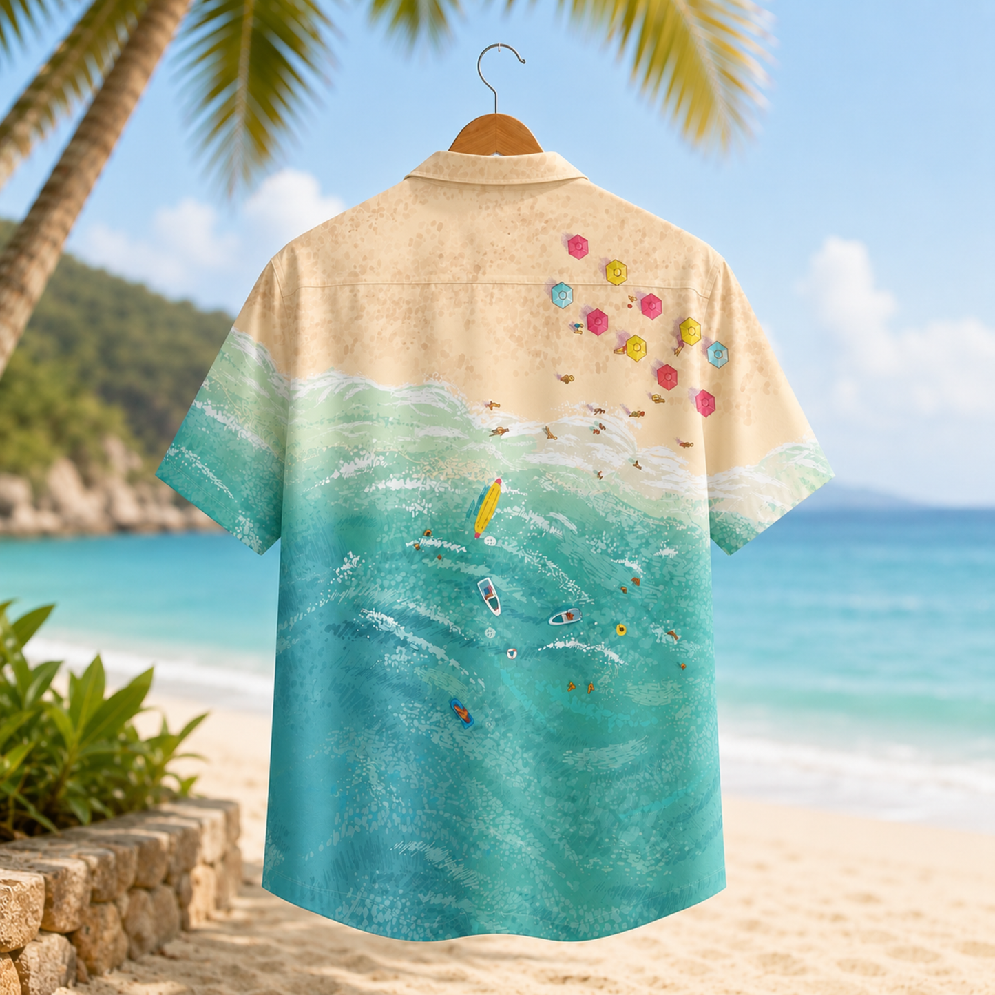 HW-M098-Scenic Aerial Ocean Beach Landscape Sand Surfboard Wave Graphic Summer Vacation Hawaiian Shirt