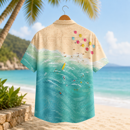 HW-M098-Scenic Aerial Ocean Beach Landscape Sand Surfboard Wave Graphic Summer Vacation Hawaiian Shirt