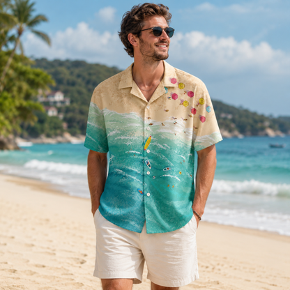 HW-M098-Scenic Aerial Ocean Beach Landscape Sand Surfboard Wave Graphic Summer Vacation Hawaiian Shirt