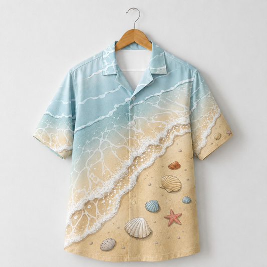 HW-M099-Realistic Ocean Wave Crashing Sandy Beach Seashell Print Summer Vacation Hawaiian Camp Shirt