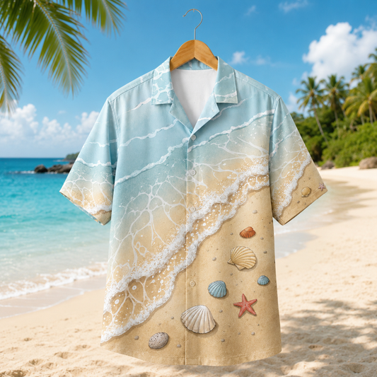 HW-M099-Realistic Ocean Wave Crashing Sandy Beach Seashell Print Summer Vacation Hawaiian Camp Shirt