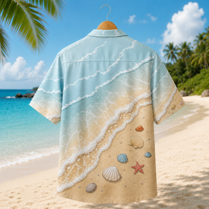 HW-M099-Realistic Ocean Wave Crashing Sandy Beach Seashell Print Summer Vacation Hawaiian Camp Shirt