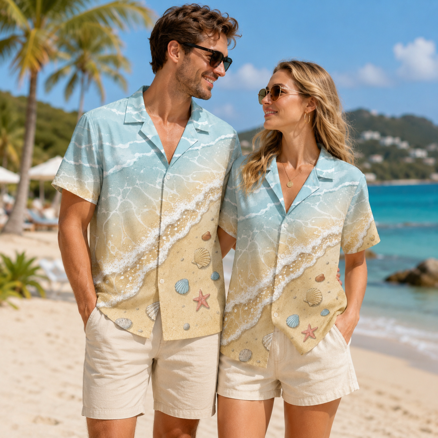 HW-M099-Realistic Ocean Wave Crashing Sandy Beach Seashell Print Summer Vacation Hawaiian Camp Shirt