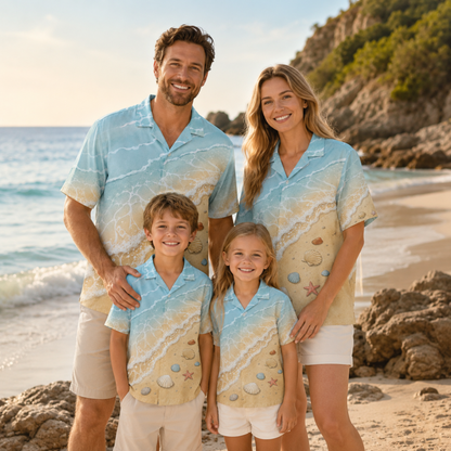 HW-M099-Realistic Ocean Wave Crashing Sandy Beach Seashell Print Summer Vacation Hawaiian Camp Shirt