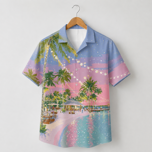 HW-M100-Romantic Twilight Beach Resort String Lights Palm Tree Scenic Print Hawaiian Camp Shirt