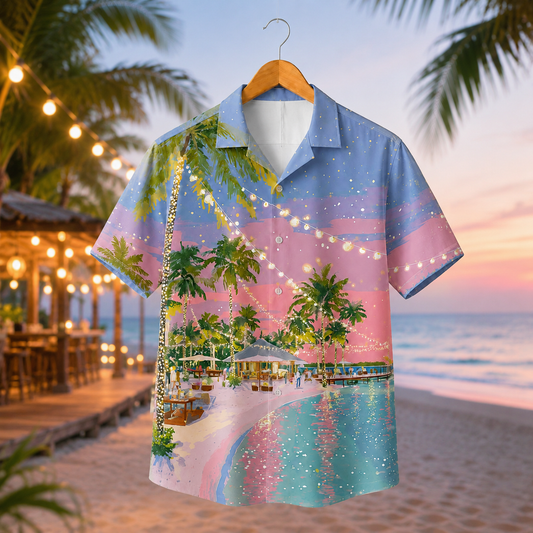 HW-M100-Romantic Twilight Beach Resort String Lights Palm Tree Scenic Print Hawaiian Camp Shirt