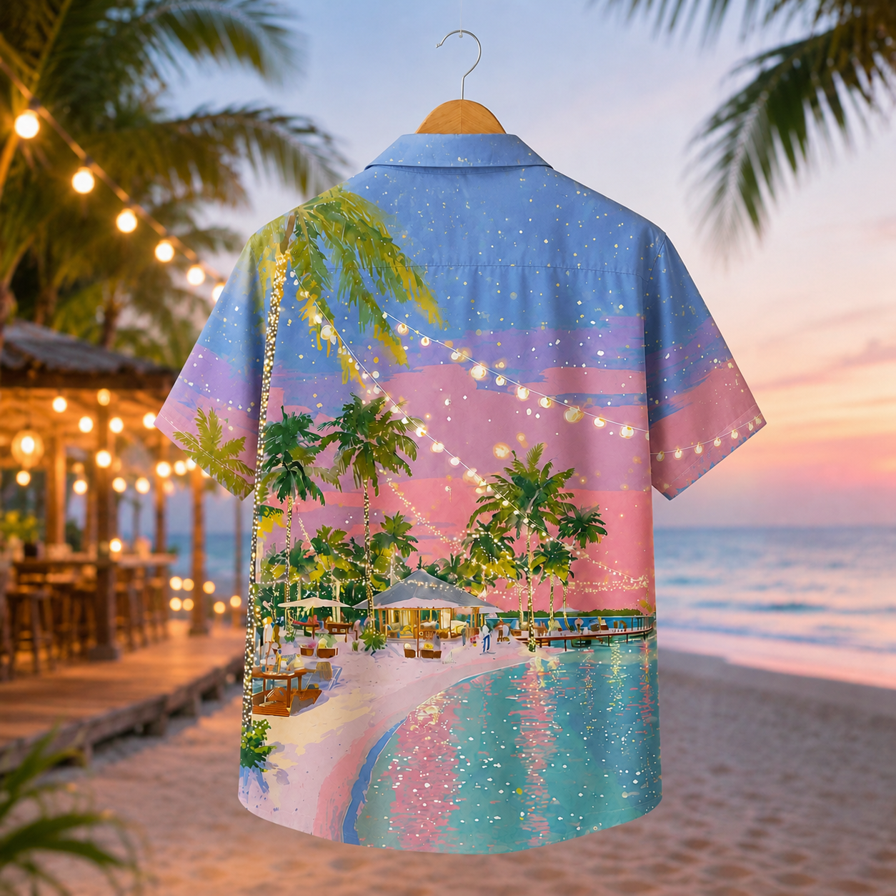 HW-M100-Romantic Twilight Beach Resort String Lights Palm Tree Scenic Print Hawaiian Camp Shirt