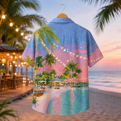 HW-M100-Romantic Twilight Beach Resort String Lights Palm Tree Scenic Print Hawaiian Camp Shirt