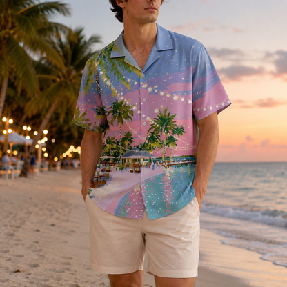 HW-M100-Romantic Twilight Beach Resort String Lights Palm Tree Scenic Print Hawaiian Camp Shirt