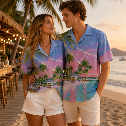 HW-M100-Romantic Twilight Beach Resort String Lights Palm Tree Scenic Print Hawaiian Camp Shirt