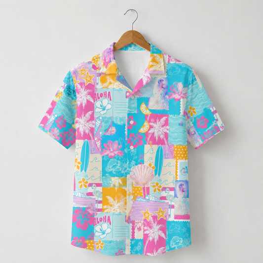 HW-M101-Colorful Retro Stamp Palm Tree Seashell Patchwork Graphic Resort Wear Casual Hawaiian Camp Shirt