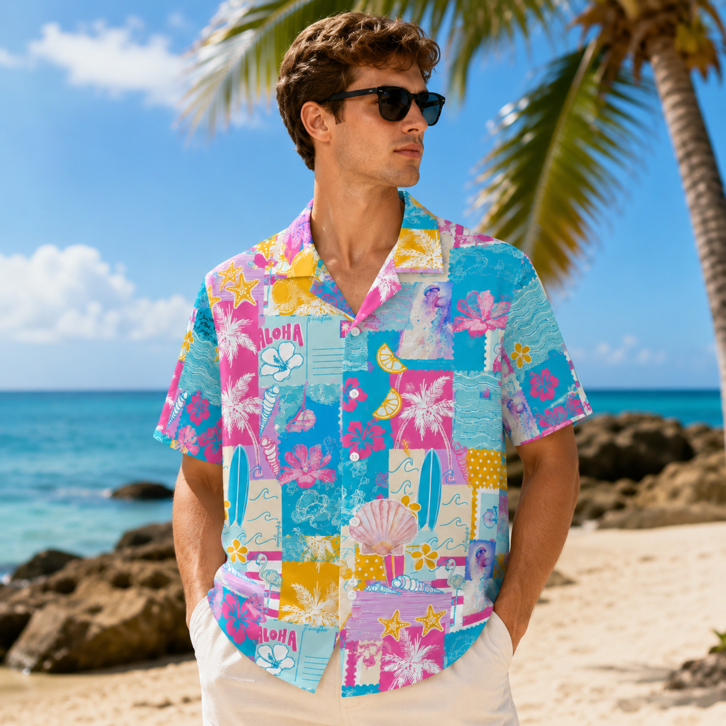 HW-M101-Colorful Retro Stamp Palm Tree Seashell Patchwork Graphic Resort Wear Casual Hawaiian Camp Shirt