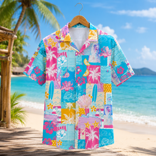 HW-M101-Colorful Retro Stamp Palm Tree Seashell Patchwork Graphic Resort Wear Casual Hawaiian Camp Shirt