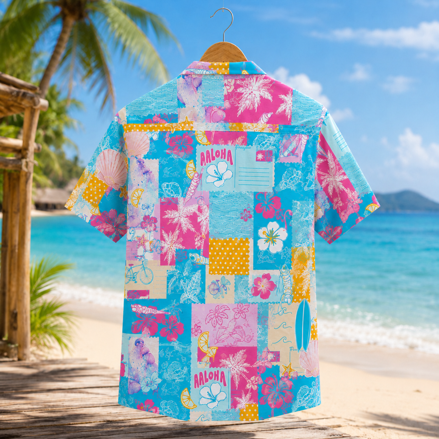 HW-M101-Colorful Retro Stamp Palm Tree Seashell Patchwork Graphic Resort Wear Casual Hawaiian Camp Shirt