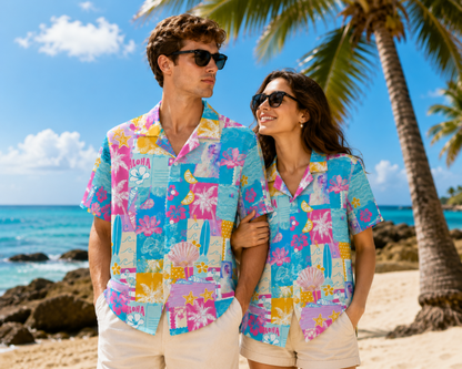 HW-M101-Colorful Retro Stamp Palm Tree Seashell Patchwork Graphic Resort Wear Casual Hawaiian Camp Shirt
