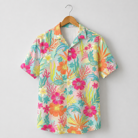 HW-M102-Colorful Undersea Marine Life Turtle Botanical Pattern Casual Summer Hawaiian Button Front Shirt